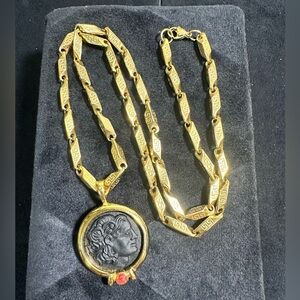 Vtg: Alexander the Great Black Basalt Cameo Coin Pendant & Greek Key Necklace